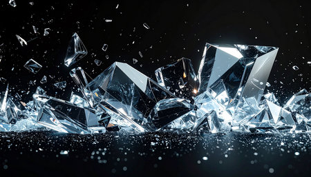 Broken diamonds on black background. 3d rendering, 3d illustration.の素材