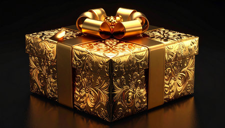 Golden gift box with gold bow on black background. 3d renderの素材