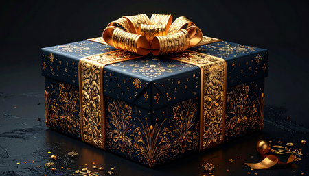Gift box with gold bow on black background. 3d illustrationの素材