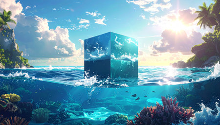Underwater world. 3D render of a cube in the sea.の素材