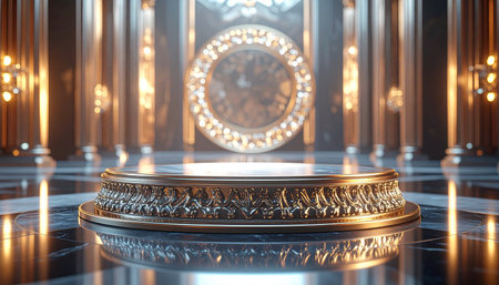 Round golden podium on the background of the stage. 3D renderingの素材