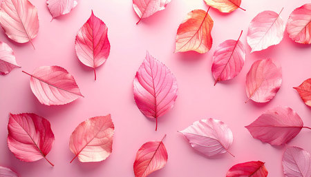 Colorful autumn leaves on pink background, flat lay. Space for textの素材
