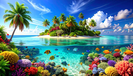 Tropical island with palm trees and tropical fish. 3d renderの素材