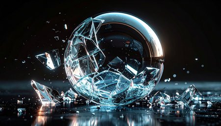 Broken glass ball on black background. 3d rendering toned imageの素材