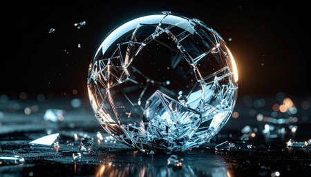 Broken glass ball on black background. 3d rendering toned imageの素材
