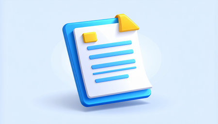 3d illustration of paper document with yellow arrow on blue background.の素材