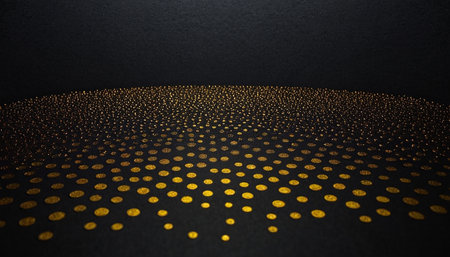 Abstract 3d rendering of golden halftone dots on black backgroundの素材