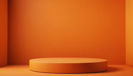 Orange podium on orange background, 3d render. Computer digital drawing.の素材
