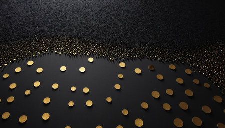 Black background with gold polka dots. 3d render illustration.の素材