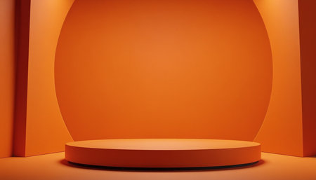 Orange podium on orange background, 3d rendering. Computer digital drawing.の素材