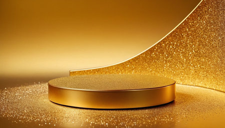 Golden podium on a gold background. 3d rendering, 3d illustration.の素材
