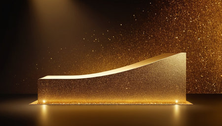 Abstract golden pedestal on black background. 3d render illustration.の素材