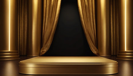 Golden podium and curtains, 3d rendering. Computer digital drawing.の素材