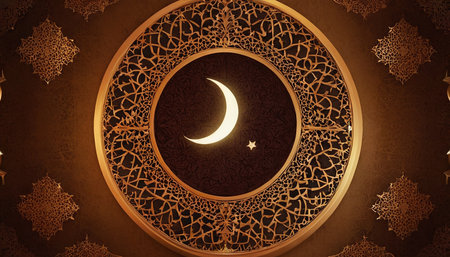 3D Illustration of Ramadan Kareem background with a crescent moonの素材