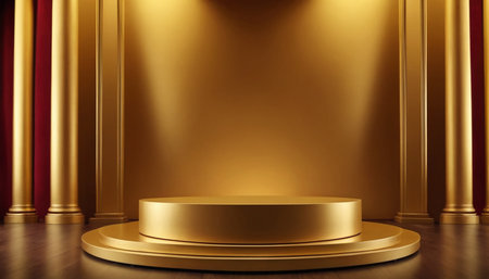 Golden podium on the floor. Luxury background. 3d renderingの素材