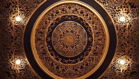 Golden arabic pattern on a black background. 3d renderingの素材