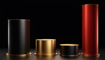 Abstract 3d rendering of gold and black cylindrical pedestal on black background.の素材