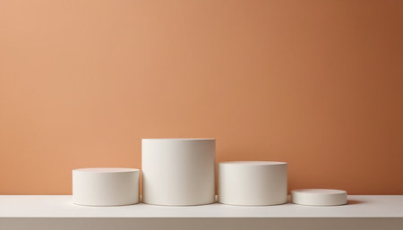 3d render of three white round podiums on white table against orange wallの素材