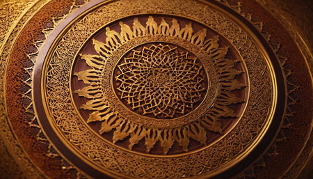 Close up of golden carving on the wall in a public place.の素材