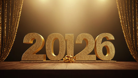 a wooden table and golden curtain background.の素材