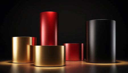3d rendering of red and black cylinder podium on black background.の素材