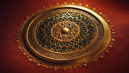 Arabic golden ornament on a red background. Close-up.の素材