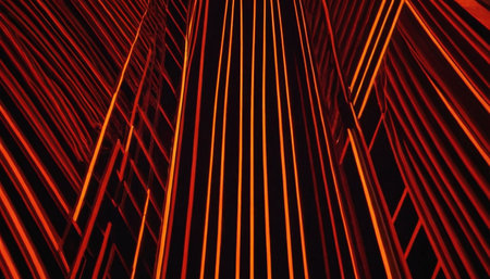 Abstract 3d rendering of chaotic geometric shapes. Bended stripes with glowing light effects. Modern background design.の素材