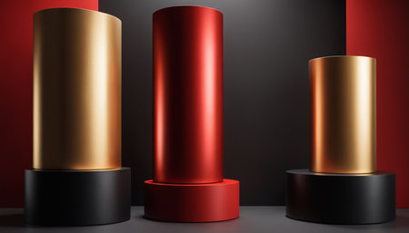 3d render of red, black and gold cylinder podium on black backgroundの素材