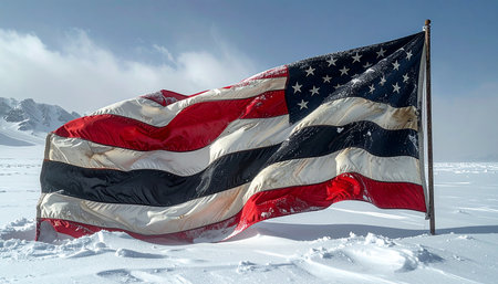 Flag of the United States of America waving in the wind on the snowの素材