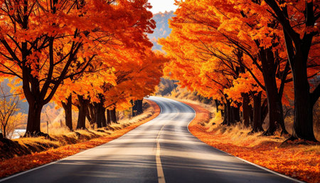 Asphalt road in the autumn forest. Beautiful nature landscape background.の素材