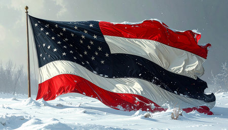 United States of America flag waving in the wind on a snowy fieldの素材