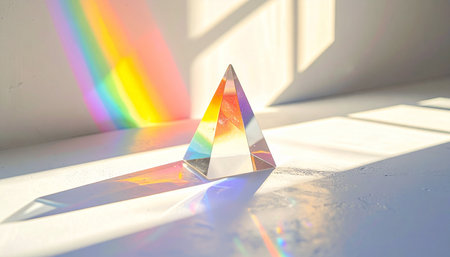crystal pyramid on a white background with a rainbow in the sunの素材