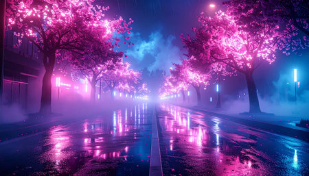 Cherry blossom in a foggy night in the city.の素材