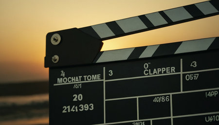 Movie clapperboard on the beach with sunset in the background.の素材