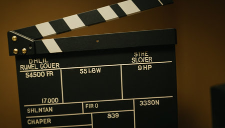 Movie clapper board on brown background. Close-up view.の素材