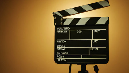 Cinema clapper board on a tripod on a yellow backgroundの素材