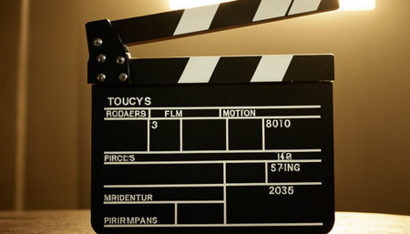 Movie clapper board on wooden table, close up. Cinema conceptの素材