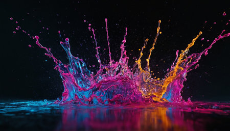 Colorful water splashes isolated on black background. 3d renderingの素材
