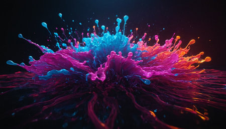 3d render of colorful paint splashes isolated on black background.の素材