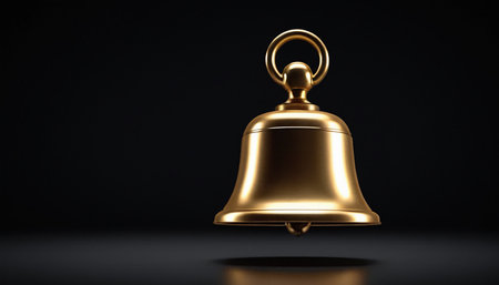 Golden bell isolated on black background. 3d illustration. Minimal design.の素材