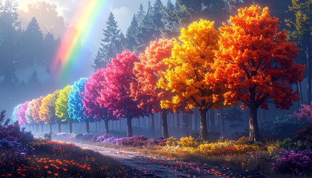 Colorful autumn trees with rainbow in the foggy forest. Beautiful landscapeの素材