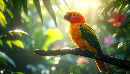 Colorful parrot on the branch in the tropical forest at sunsetの素材