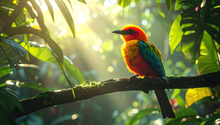 Colorful bird sitting on a branch in the rainforest at sunsetの素材