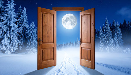 Composite image of open door in winter forest with full moonの素材