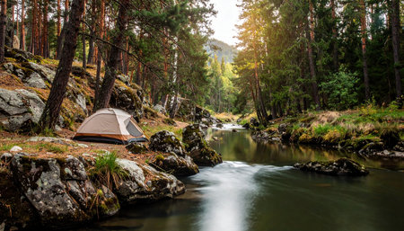 Camping tent on the shore of a mountain river in the forestの素材