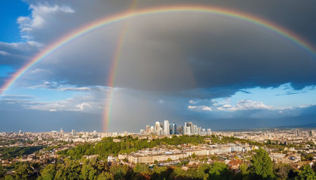 Panoramic view of the city of Barcelona and the rainbow after the rainの素材