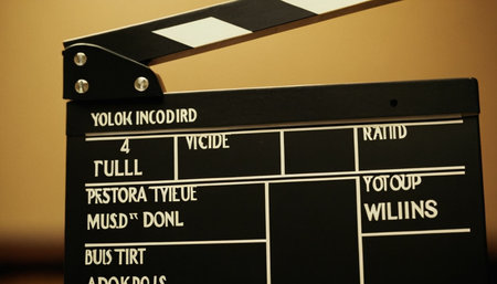 Movie clapper board isolated on yellow background. Close-up.の素材