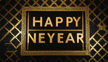 Happy New Year gold text on black background. 3D rendering.の素材