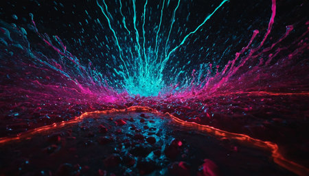 Abstract 3d rendering of chaotic particles. Futuristic background with neon lights.の素材