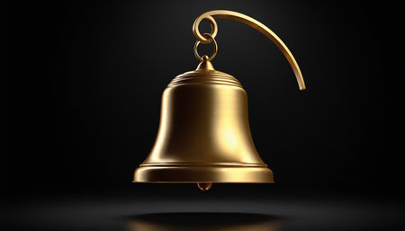 3d rendering of a golden bell on a black background with reflectionの素材